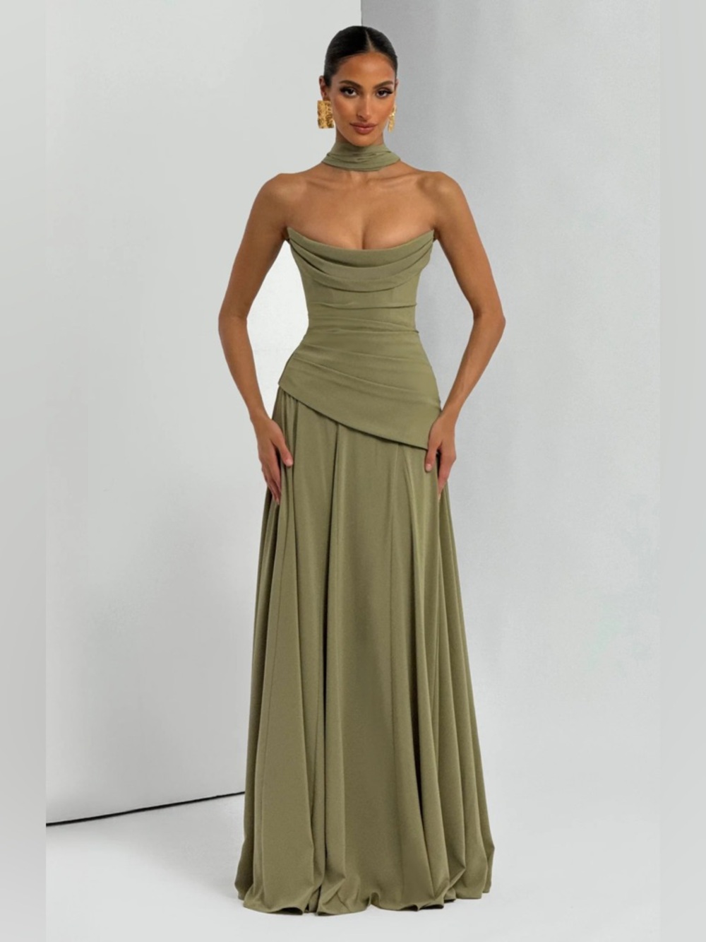 Babyboo Green Draped Maxi Evening Dress with Neck Scarf